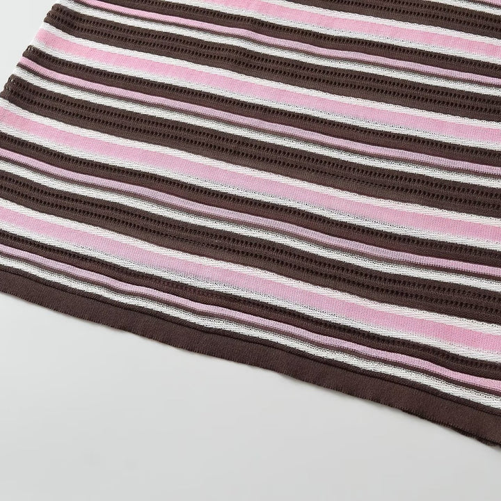 Damen Gestreiftes kurzärmeliges Poloshirt aus Feinstrick mit Rüschenkante und 3‑Knopf‑Leiste Echo Archiv