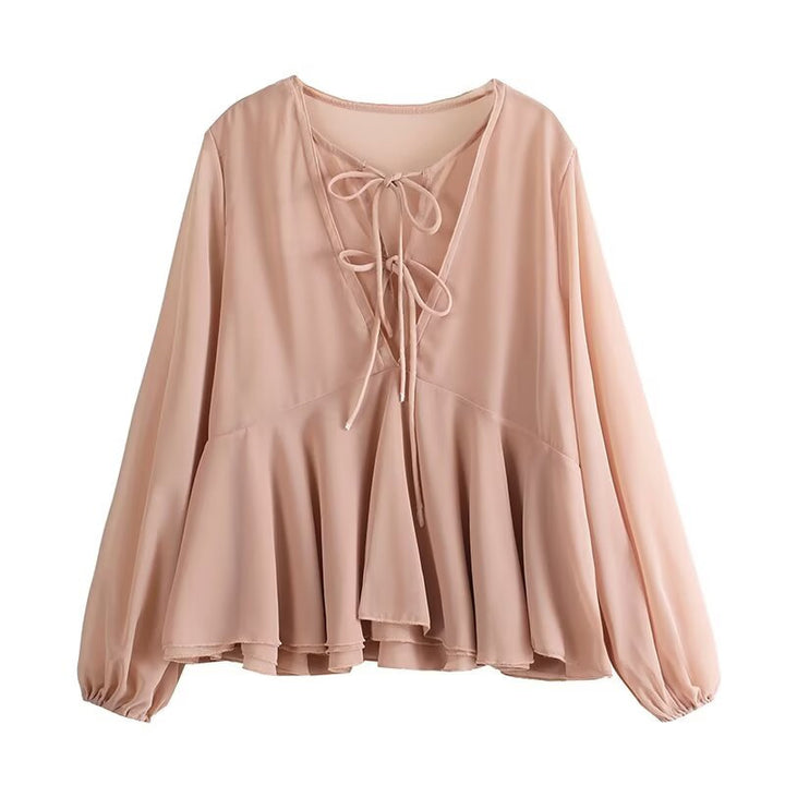 Damen Weiche Chiffonbluse mit Schnürung, V‑Ausschnitt und Volantsaum Echo Archiv