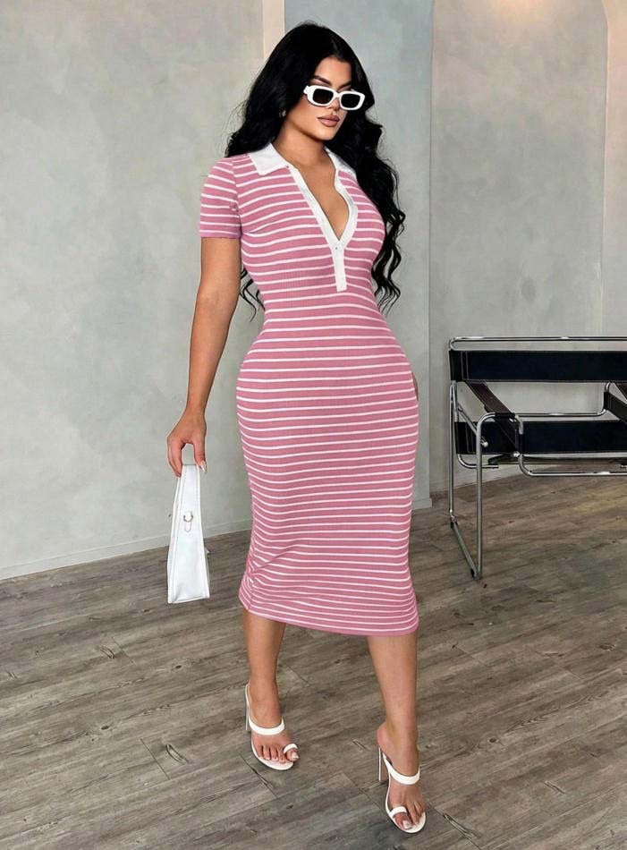 Damen Figurbetontes Polokleid im Streifen‑Look aus Rippstrick mit kurzem Ärmel – Élara