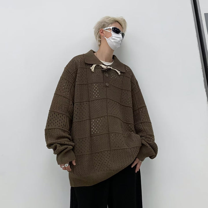 Herren Modischer Grobstrick Pullover mit Stehkragen und Knopfleiste Echoarchiv