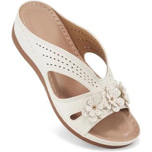 Damen Orthopädische Lederimitat-Pantolette mit Blumen‑Applikation und perforiertem Obermaterial – Sorelia