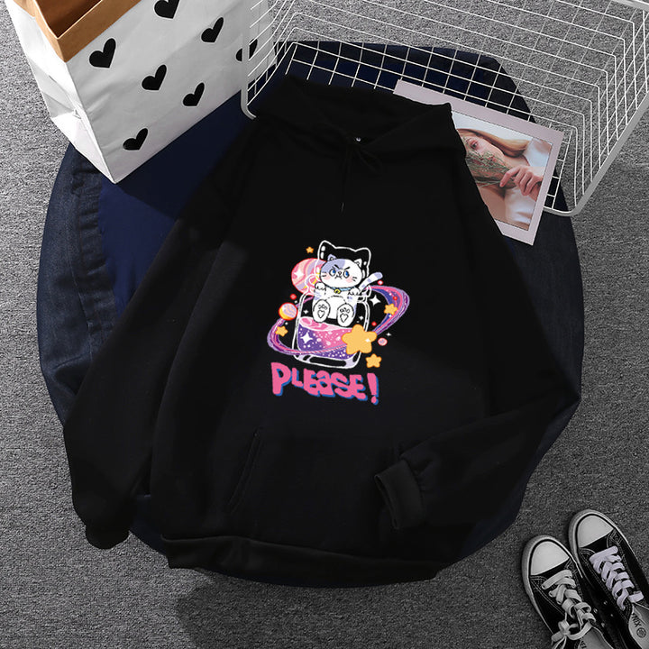 Damen oversized Kapuzenpullover im Streetstyle mit weichem Fleece-Innenfutter, Kängurutasche und farbenfrohem Cartoon-Katzen-Planet-Print – Auréline