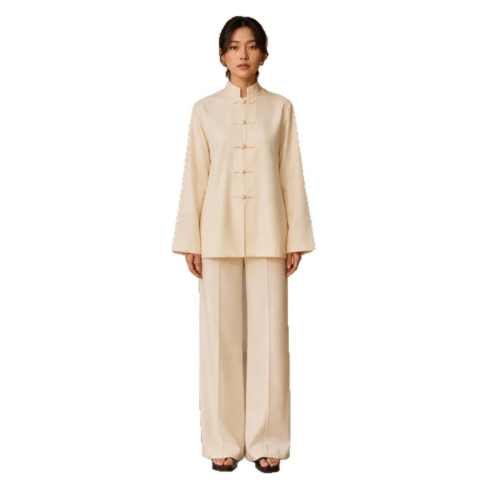 Damen Mandarin-Kragen Tunikajacke mit Knotenverschlüssen und weiter Palazzo-Hose Echoarchiv