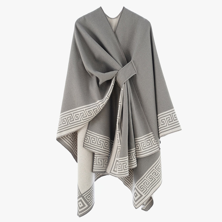 Damen Wendbarer Poncho aus Kaschmir‑Mischung mit grafischem Bordürenprint und Taillengürtel – Avérine