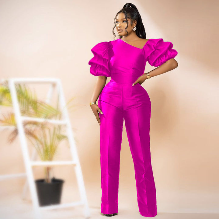 Damen Eleganter Jumpsuit mit asymmetrischen Puffärmeln Echo Archiv