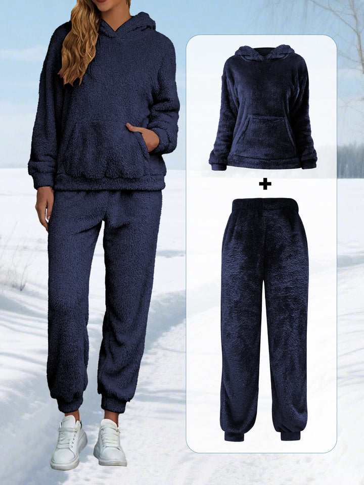 Damen Kuscheliges Teddy-Fleece Lounge-Set mit Kapuze und Kängurutasche – Auréline