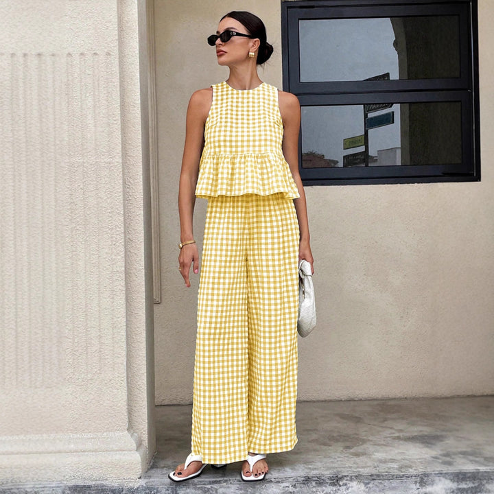 Damen Zweiteiliges Vichy-Karo-Set mit tailliertem Volanttop und weiter Palazzo-Hose Echo Archiv