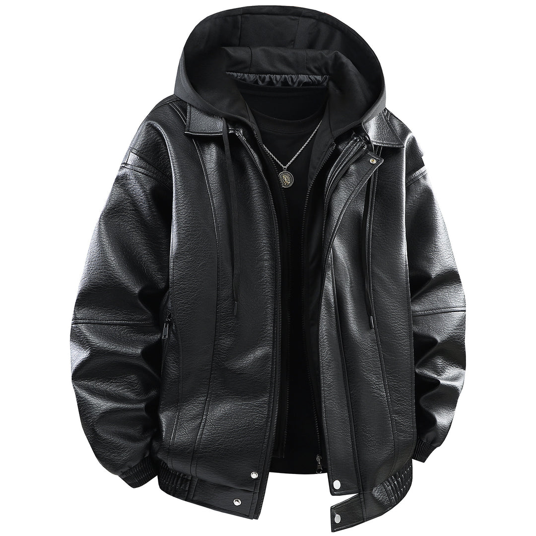 Herren Kunstlederjacke mit abnehmbarer Kapuze und funktionalen Taschen Echoarchiv