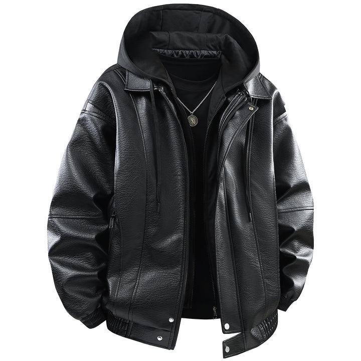 Herren Kunstlederjacke mit abnehmbarer Kapuze und funktionalen Taschen Echoarchiv