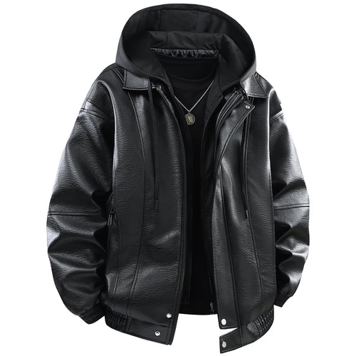 Herren Kunstlederjacke mit abnehmbarer Kapuze und funktionalen Taschen Echoarchiv