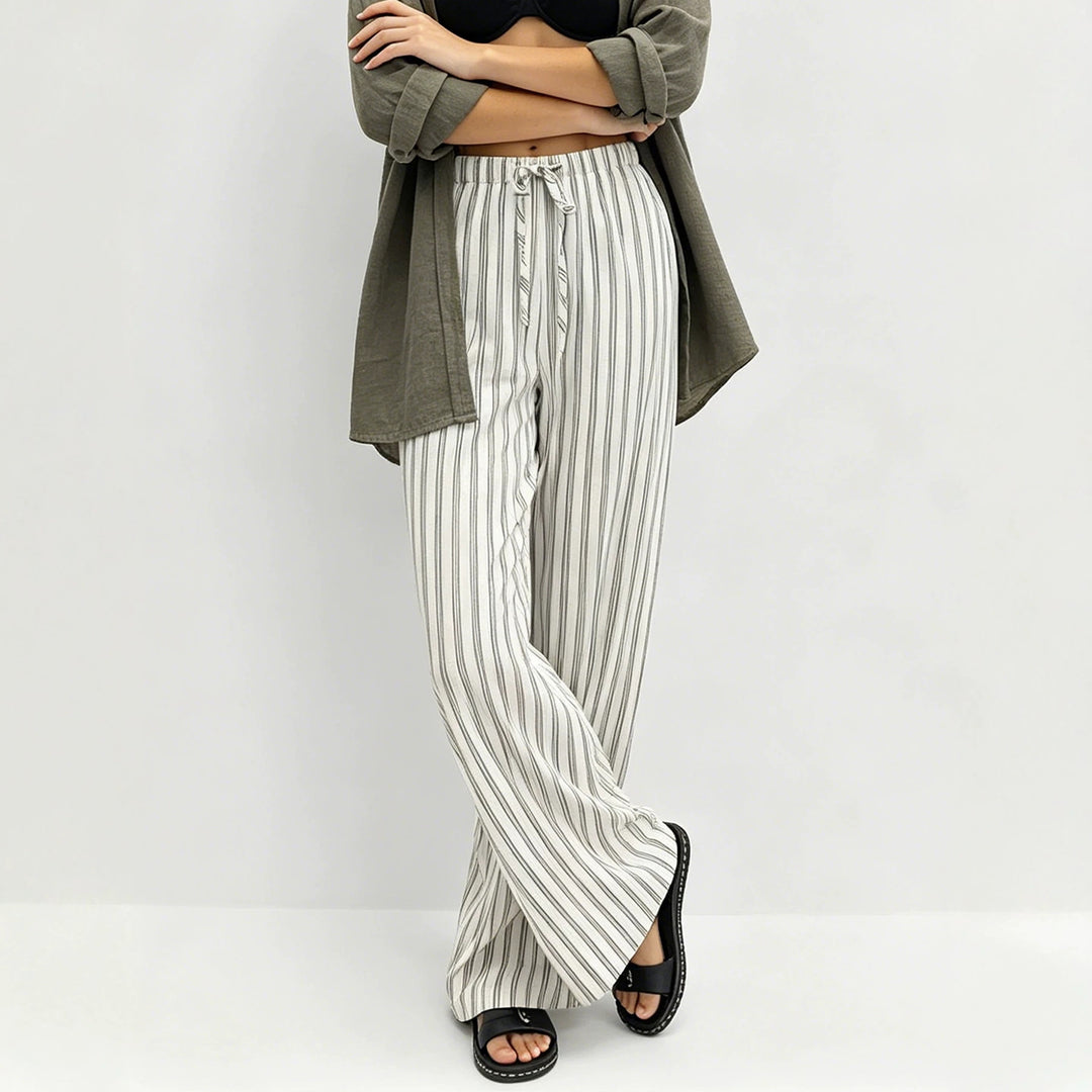 Damen Gestreifte Weite Leinenoptik Palazzo‑Hose mit Elastikbund und Kordelzug – Avérine