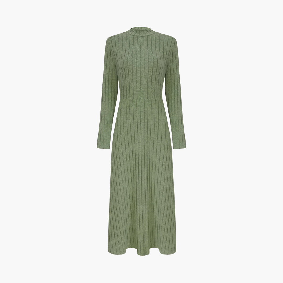 Damen Geripptes Strickmidikleid mit hohem Stehkragen und taillierter A-Linie – Élara