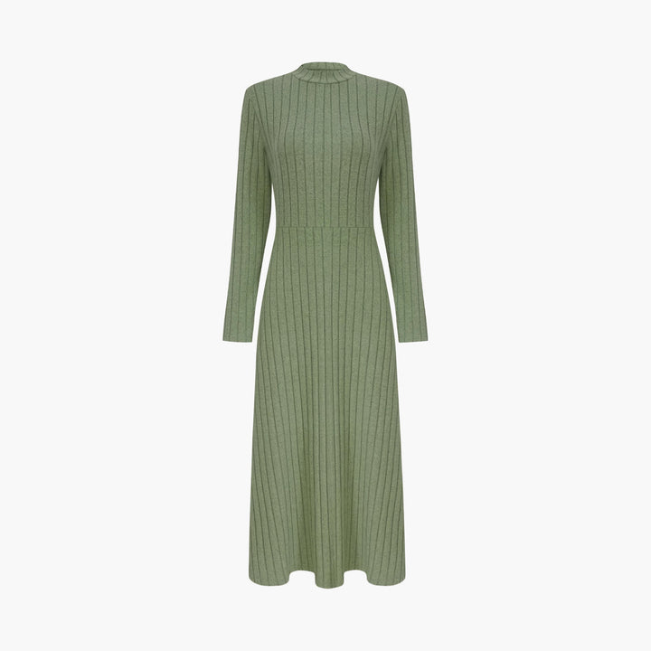 Damen Geripptes Strickmidikleid mit hohem Stehkragen und taillierter A-Linie – Élara