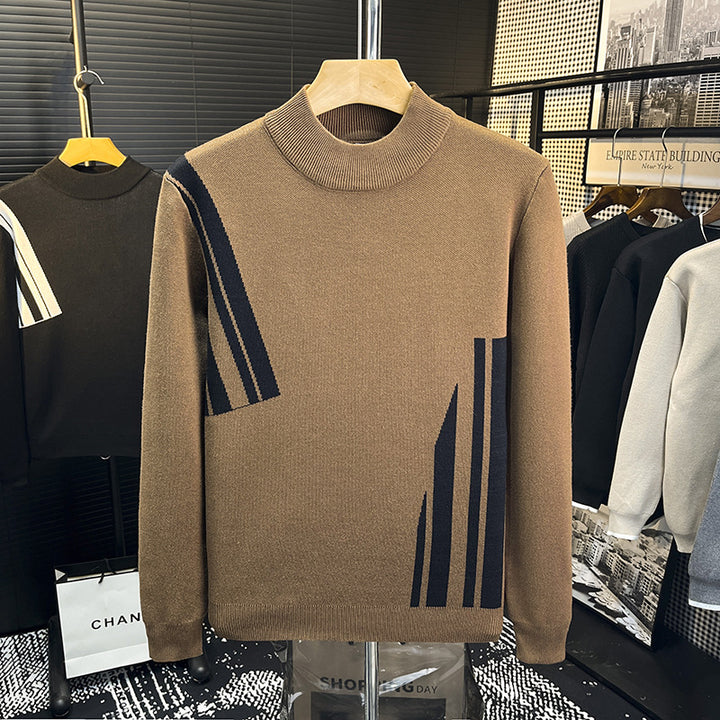 Herren Feinstrick-Pullover mit kurzem Stehkragen und geometrischem Intarsia-Design Echoarchiv