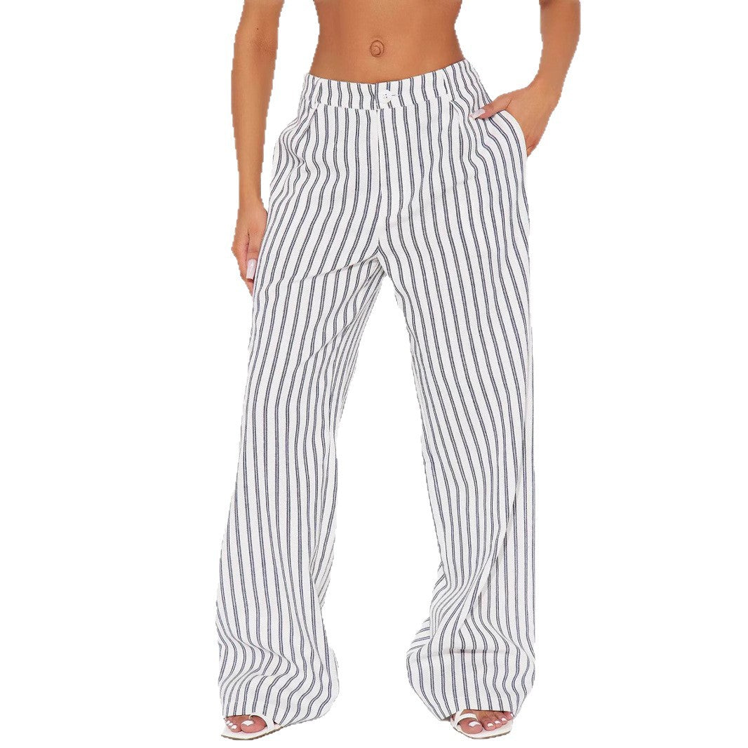 Damen Leinenoptik Palazzo-Hose mit hoher Taille und vertikalen Streifen – Avérine