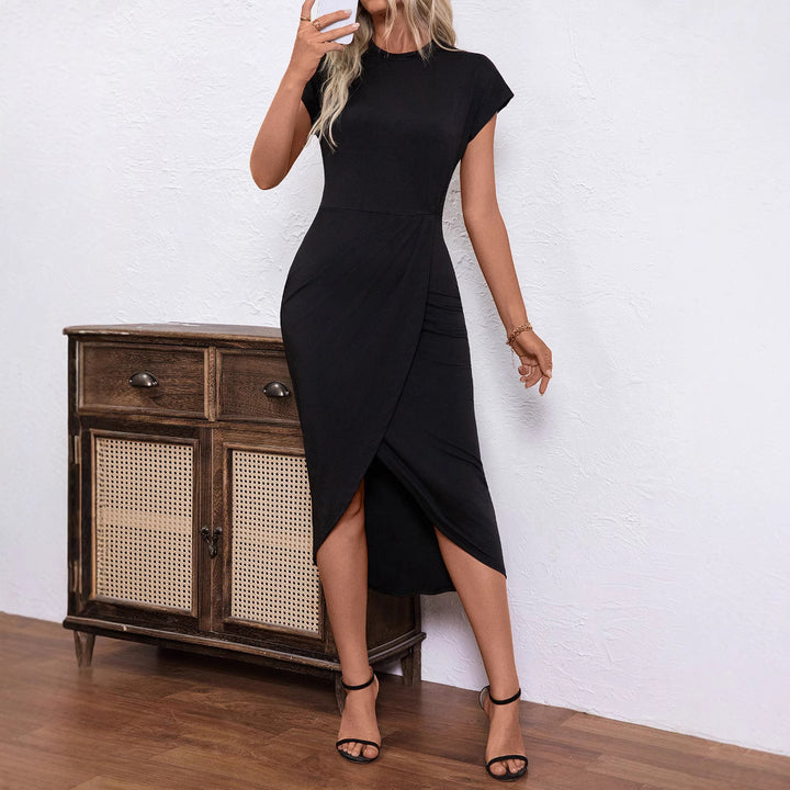 Damen Wickel-Midikleid mit Drapierter Tulpenfront und kurzen Cap-Ärmeln – Avérine