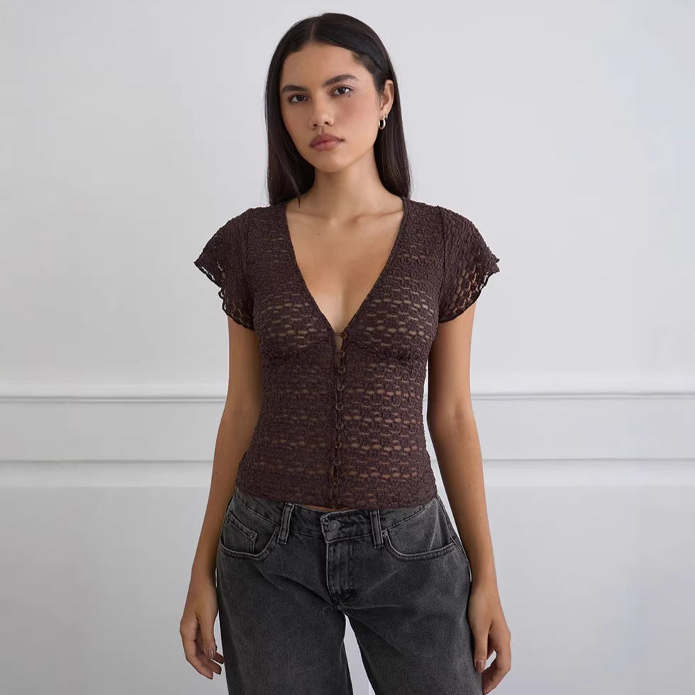 Damen Verspieltes Spitzenoberteil mit fließendem Design und kurzen Puffärmeln Echo Archiv