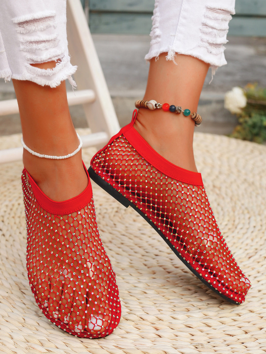 Damen Strick-Netz-Ballerinas mit Schmucksteinbesatz und sockenähnlichem Schaft – Lioré