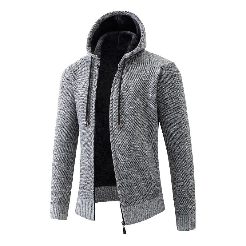 Herren nan melierte Strickzip-Kapuzenjacke mit wärmendem Teddyfutter, verdecktem Zwei-Wege-Reißverschluss und elastischen Bündchen Echo Archiv