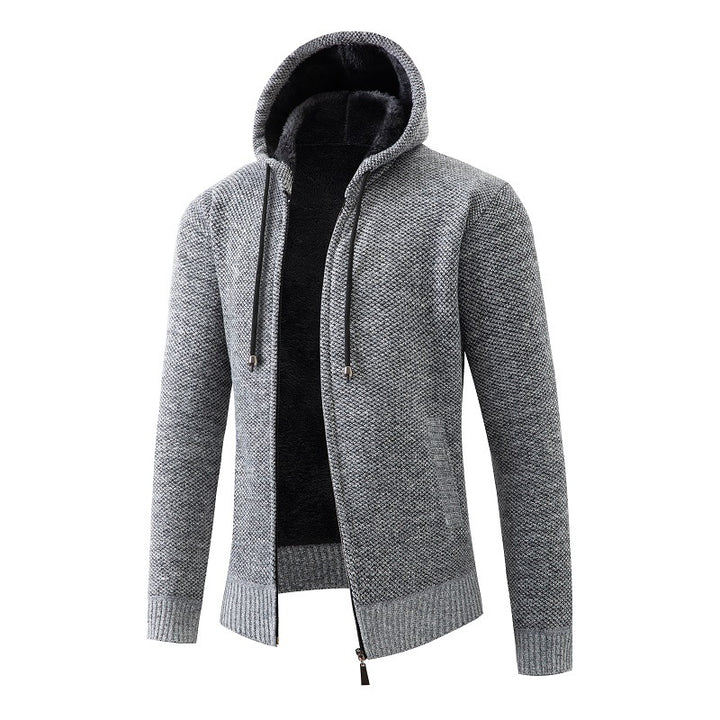 Herren nan melierte Strickzip-Kapuzenjacke mit wärmendem Teddyfutter, verdecktem Zwei-Wege-Reißverschluss und elastischen Bündchen Echo Archiv