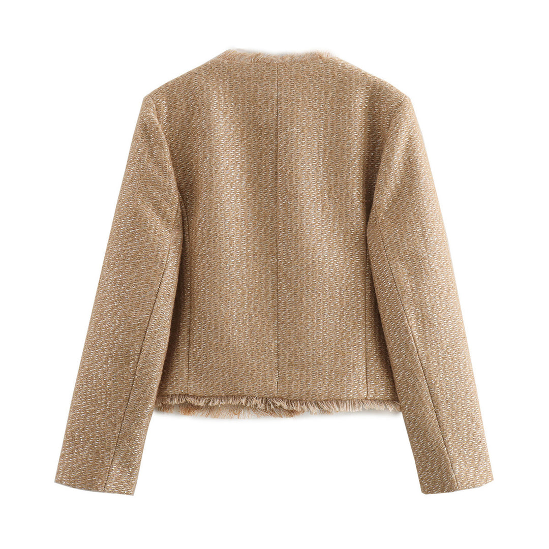 Damen kastiger Bouclé-Blazerjacke mit dekorativen Flechtknöpfen, aufgesetzten Taschen und fransiger Saumkante – Célinea