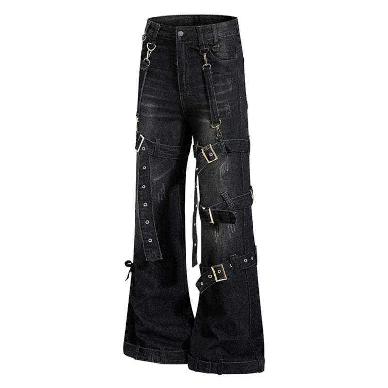 Damen Bondage-Flared-Jeans mit dekorativen Schnallen, Riemen und Used-Look Echoarchiv