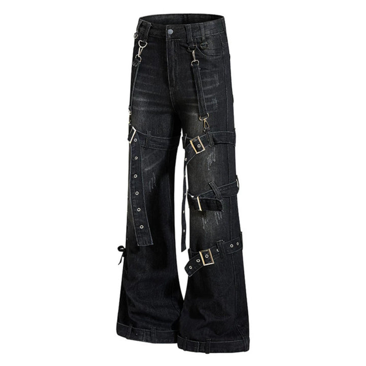 Damen Bondage-Flared-Jeans mit dekorativen Schnallen, Riemen und Used-Look Echoarchiv