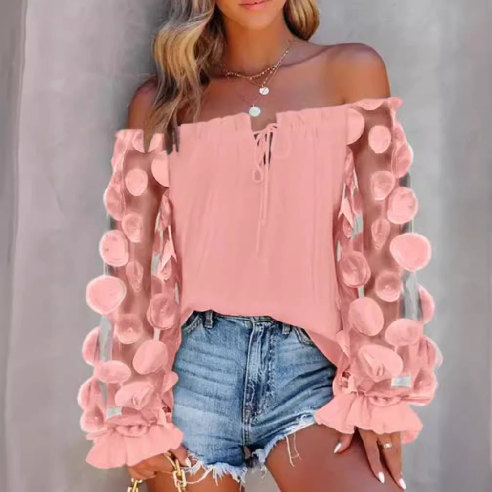 Damen nan schulterfreies Carmen-Top mit transparenten Organza-Ärmeln, kreisförmigen Applikationen und Volantmanschetten Echo Archiv