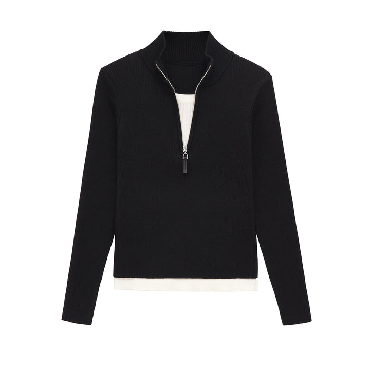 Damen Feinstrickpullover mit halbem Reißverschluss, Stehkragen und Lagenlook-Saum Echo Archiv