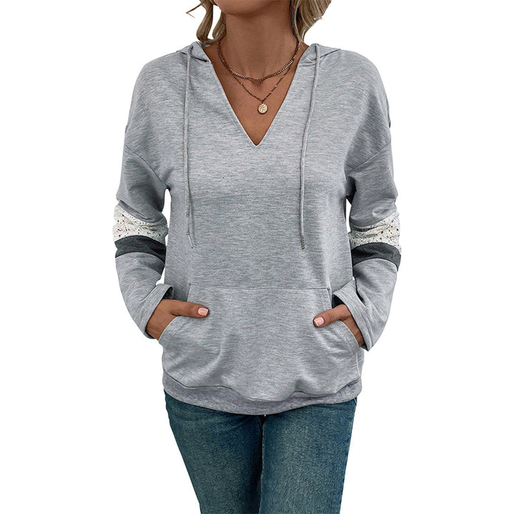 Damen V‑Ausschnitt Kapuzen-Sweatshirt mit Spitzenbesatz an den Ärmeln und Kängurutasche Echoarchiv