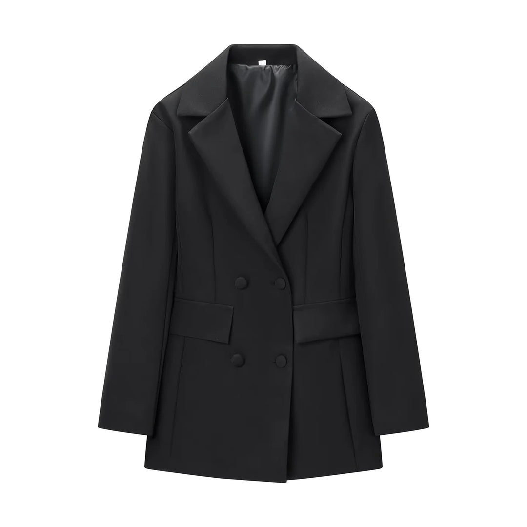 Damen nan taillierter Double-Breasted Blazer mit weitem Revers und Pattentaschen Echo Archiv