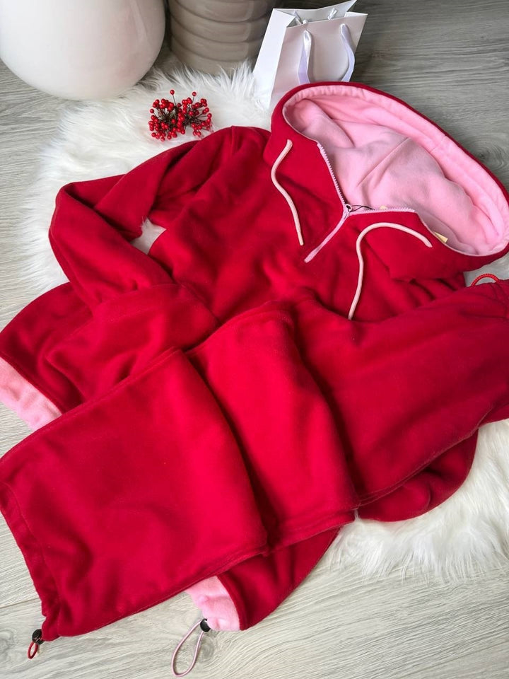 Damen Fleece-Loungewear-Set mit halbem Frontzip, gefütterter Kapuze und hochgeschnittener Komforthose – Auréline