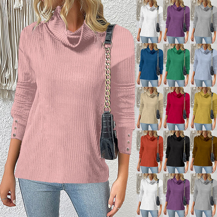Damen Rippschneider Rollkragenpullover mit 3/4-Ärmeln und dekorativer Knopfleiste Echoarchiv