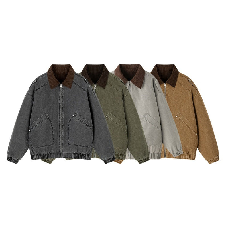 Herren Oversize-Canvas-Bomberjacke mit Cordkragen, Reißverschluss & Eingrifftaschen Echoarchiv