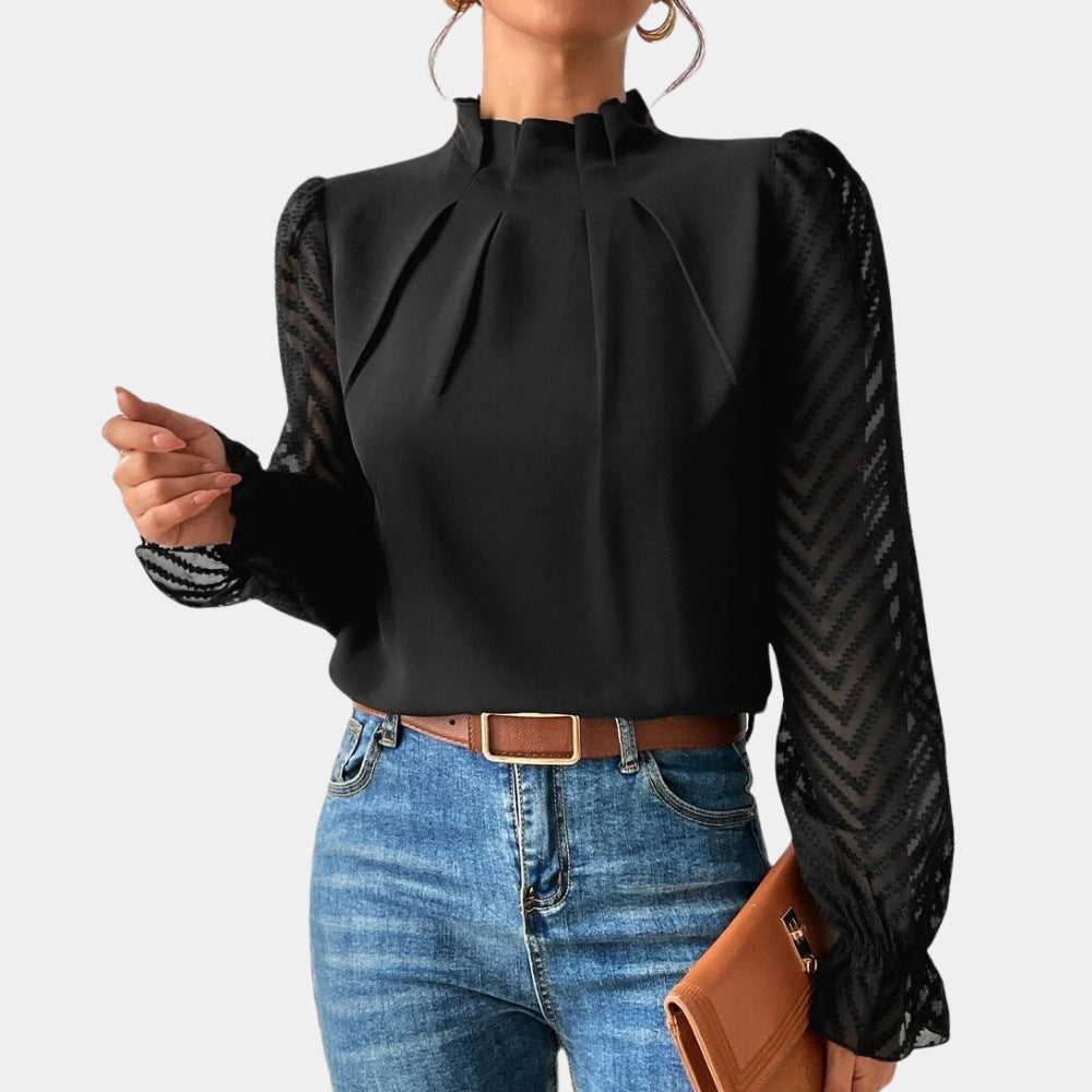 Damen Elegante Chiffonbluse mit Stehkragen, Faltenkante und transparenten Jacquard-Ärmeln – Élovi