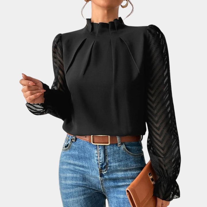 Damen Elegante Chiffonbluse mit Stehkragen, Faltenkante und transparenten Jacquard-Ärmeln – Élovi