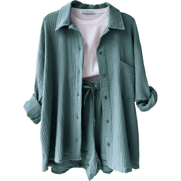 Damen nan lässiges oversized Hemd und Shorts Set mit Brusttasche Kordelbund und gerauter Baumwollstruktur Echo Archiv