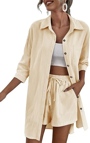 Damen Leichtes Longline-Hemdjacken-Set mit elastischer High-Waist-Shorts – Élanora