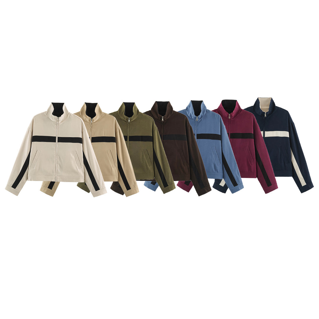 Unisex Kurz geschnittene Trackjacke mit Stehkragen, Kontraststreifen und Reißverschluss Echo Archiv