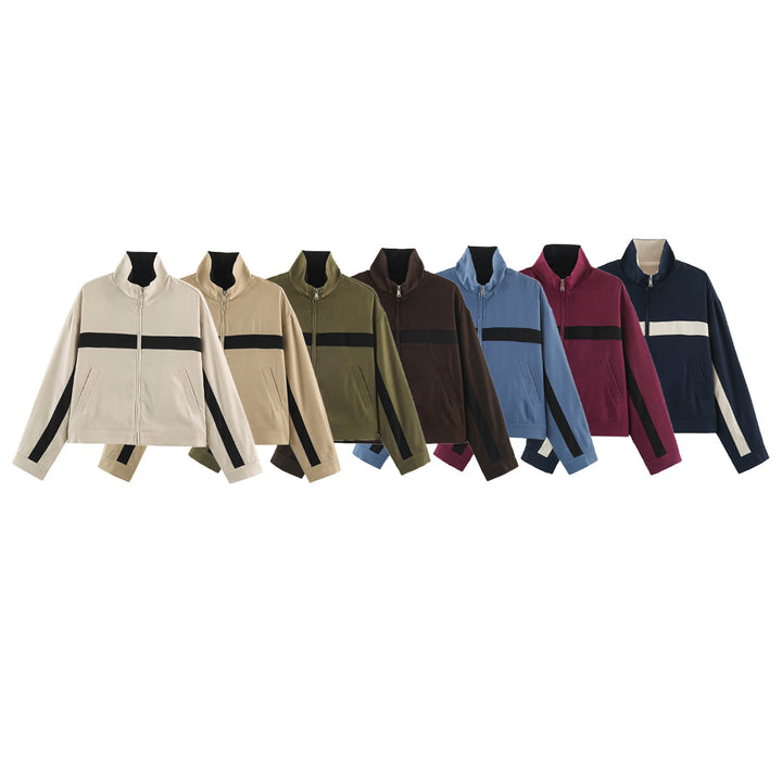 Unisex Kurz geschnittene Trackjacke mit Stehkragen, Kontraststreifen und Reißverschluss Echo Archiv