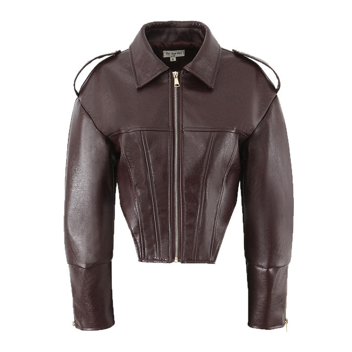 Damen Kurz geschnittene taillierte Bikerjacke aus Lederimitat mit Korselett-Nähten und Schulterklappen Echoarchiv
