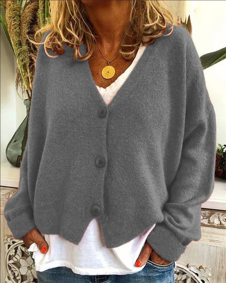 Damen lässiger Strickcardigan mit tiefem V-Ausschnitt und großen Knöpfen Echoarchiv