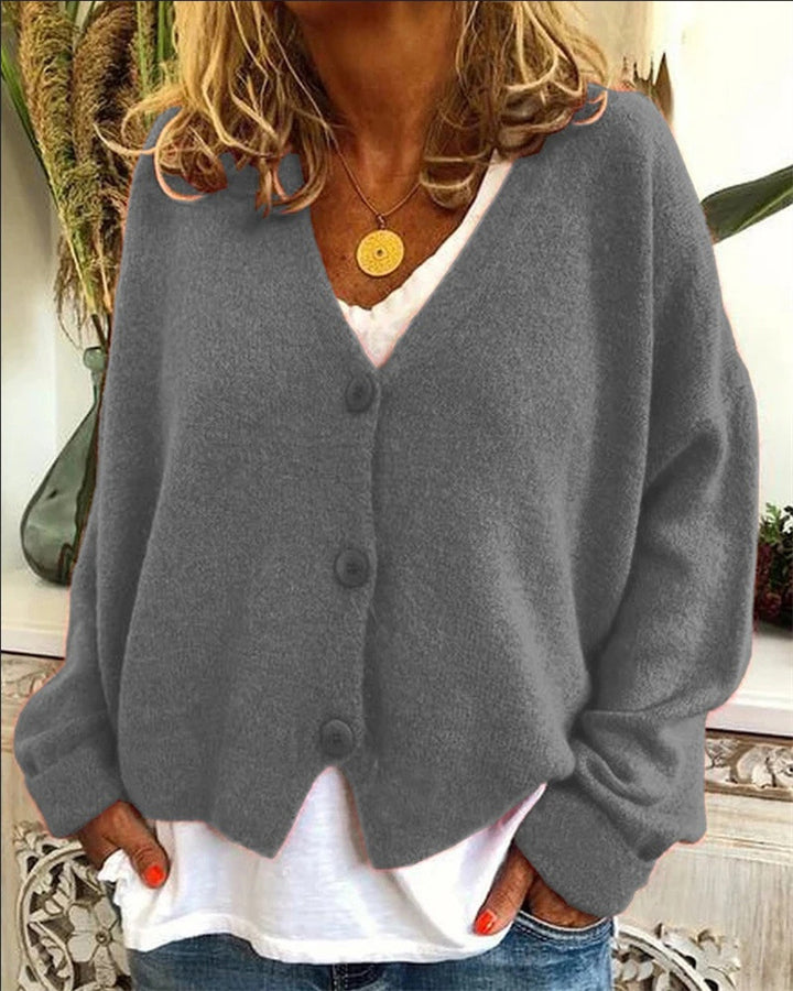 Damen lässiger Strickcardigan mit tiefem V-Ausschnitt und großen Knöpfen Echoarchiv