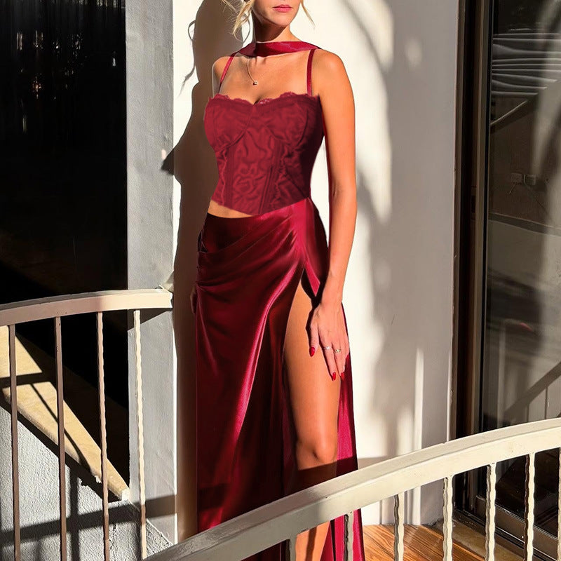 Damen elegantes Maxikleid mit Spitzenoberteil und fließendem Rock Echo Archiv