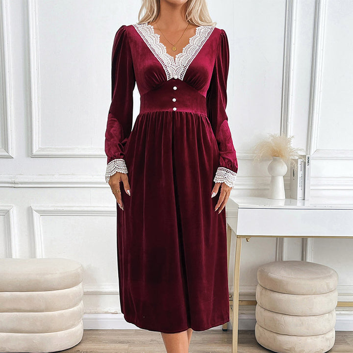 Damen Elegantes Samtkleid mit Spitzenakzenten und Knopfdetails Echo Archiv