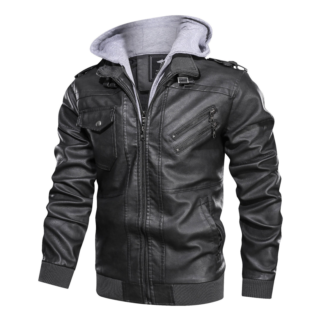 Herren Lederoptik-Utility-Jacke mit Kapuze, Reißverschlusstaschen und Rippbündchen – Taviero