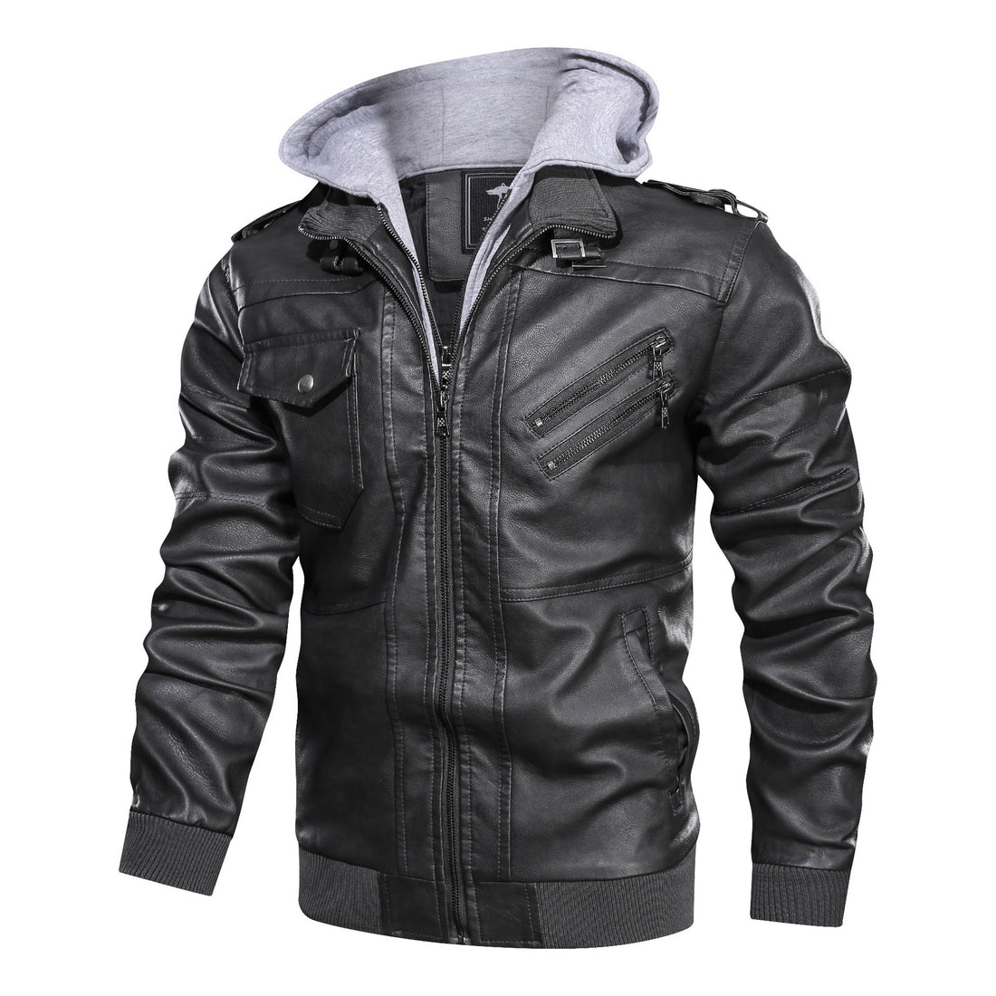Herren Lederoptik-Utility-Jacke mit Kapuze, Reißverschlusstaschen und Rippbündchen – Taviero