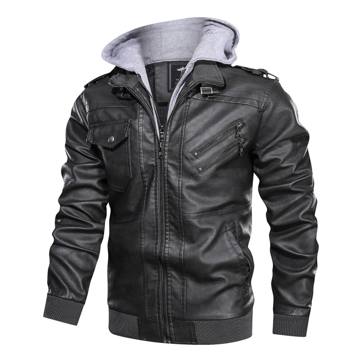 Herren Lederoptik-Utility-Jacke mit Kapuze, Reißverschlusstaschen und Rippbündchen – Taviero