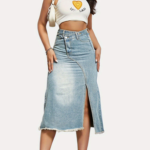 Damen nan asymmetrischer Highwaist-Denim-Midirock mit vorderlichem Schlitz und ausgefranstem Saum Echo Archiv