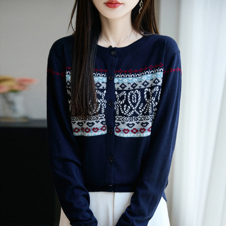 Damen Leichter Feinstrick-Cardigan mit nordischem Jacquardmuster und feiner Knopfleiste Echoarchiv